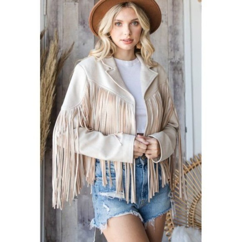 VEVERET Fringe Jacket Cream Faux Suede Moto Western Rodeo Bolero NWT - Picture 2 of 12